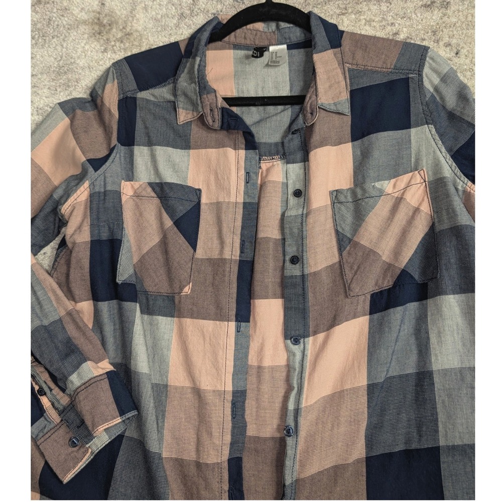 H&M Divided Pink Navy Plaid Button Down Shirt 10 Cotton Oversized Grunge Tunic - Picture 4 of 11